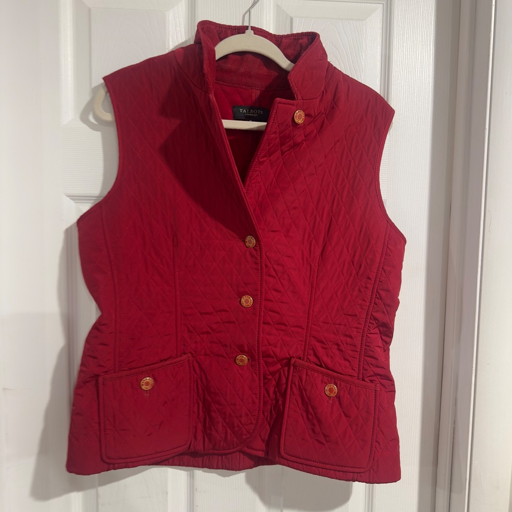 Talbots Womens Red Quilted Button Front Fleece Lined Vest Size Medium VN300
